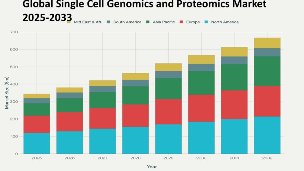 Stacked bar chart titled Global Single Cell Genomics and Proteomics Market 2025-2033 showing market size in million dollars ($m) across regions. Each bar represents a year from 2025 to 2032, indicating steady market growth. The regions represented are: North America (light blue), Europe (red), Asia Pacific (green), South America (grayish blue), and Middle East & Africa (yellow).