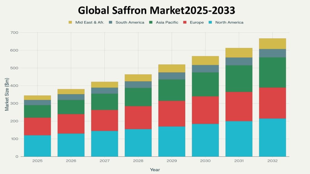 Stacked bar chart titled “Global Saffron Market 2025–2033” showing market size in million dollars ($m) across regions. Each bar represents a year from 2025 to 2032, indicating steady market growth. The regions represented are: North America (light blue), Europe (red), Asia Pacific (green), South America (grayish blue), and Middle East & Africa (yellow).